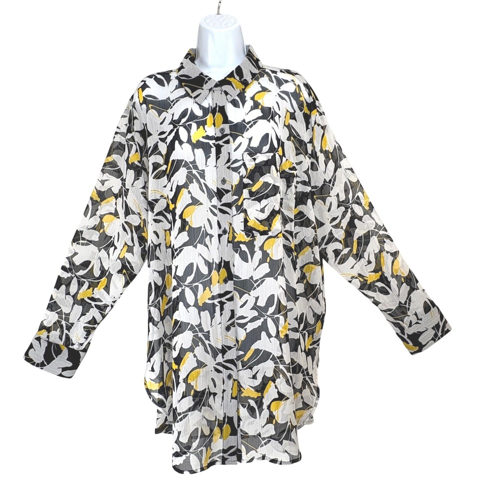 DKNY Womens XL Abstract Floral Leaf Button Front Tunic Shirt Black White Yellow